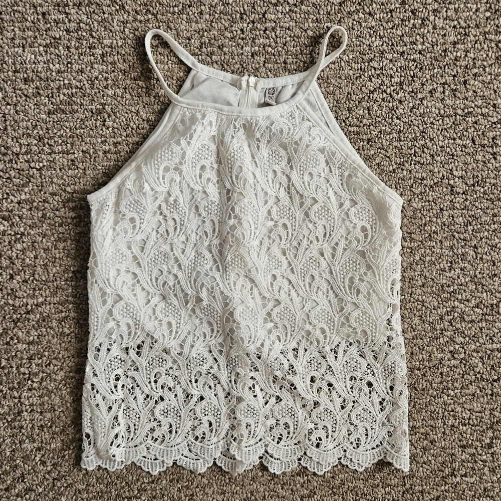 Womens White Embroidered Lace/ Guipure Lace Halter top, Small